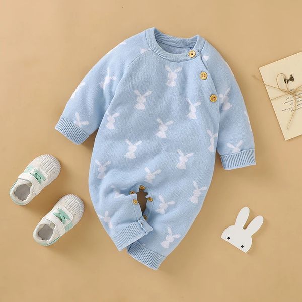 Bébé barboteuse coton tricoté né garçon fille combinaison tenue à manches longues automne enfant en bas âge vêtements d'hiver mignon lapin Onesies 240119