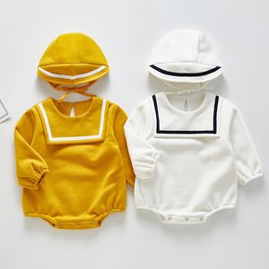 Baby romper meisjes jongens winter marine kraag hoed en fluwelen jumpsuit katoen houden warme uitgang kleding 210429