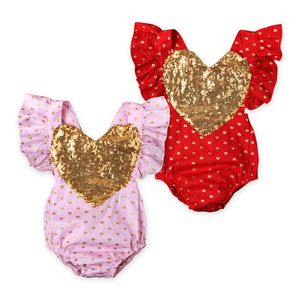 Bébé barboteuse INS été bébé filles paillettes amour coeur barboteuse infantile falbala mouche manches pois combinaison Saint Valentin vêtements