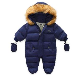 Baby Romper Jumpsuit Bontkap Meisje Jongen Snowsuit Russische Winter Baby Bovenkleding Ovealls Dikke Rompertjes met Gloves225k