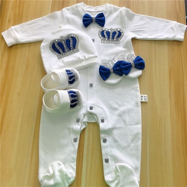 Bébé Barboteuses Filles Garçons Infant Coton Vêtements 4 Pcs Ensemble Chapeau Chaussures Gants Bienvenue Nouveau-Né Couronne Bijoux Aile D'ange Pyjamas OUtfit 210309