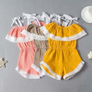 Bébé Barboteuses Filles Dentelle Jarretelles Combinaisons D'été Lotus Feuille Col Coton Lin Onesies Tenues Enfants Hors Épaule Bodys BYP617