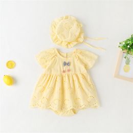Baby Rompers Kids Clothes Infants Jumpsuit Summer Thin Newborn Kid Clothing avec chapeau rose jaune blanc m9el #