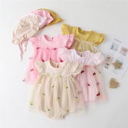 Baby rompers kinderkleding baby's jumpsuit zomer dunne pasgeboren kind kleding met hoed roze gele mesh plaid driehoek klimpak z3un#