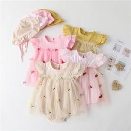 Baby rompers kinderkleding baby's jumpsuit zomer dunne pasgeboren kind kleding met hoed roze geel mesh plaid driehoek klimpak a3jm#