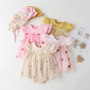 Baby rompers kinderkleding baby's jumpsuit zomer dunne pasgeboren kind kleding met hoed roze geel mesh plaid driehoek klimpak j0ml#