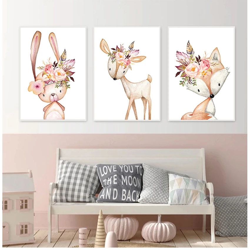Baby Room Wall Art Canvas Pictures Nursery Prints Flower Rabbit Canvas Painting Woodland Animals Poster Nordic Fox Deer Picture Woo