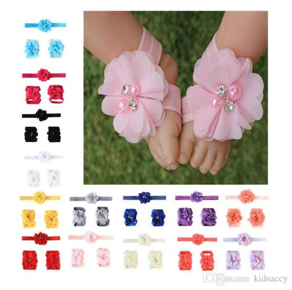 Sandalias de bebé Zapatos de flores Cubierta Pies descalzos Corbatas de flores Niña pequeña Niños Primeros zapatos para andar Diadema Conjunto Accesorios de fotografía 14 colores 145