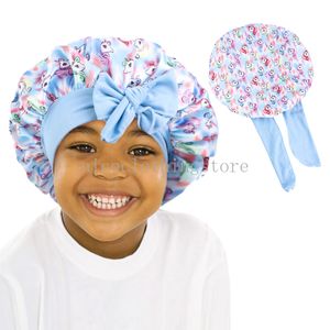 Baby Satin Bonnet avec une cravate large bande extensible enfant imprimé têtes de tête élastique nocturne chapeau casquette de chimio de casse-tête douce