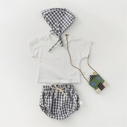 Baby Set T-shirt + Plaid PP Shorts Cap 3 Stks Born Boy Clothes Born Clothing Sumbercotton Suit 210521