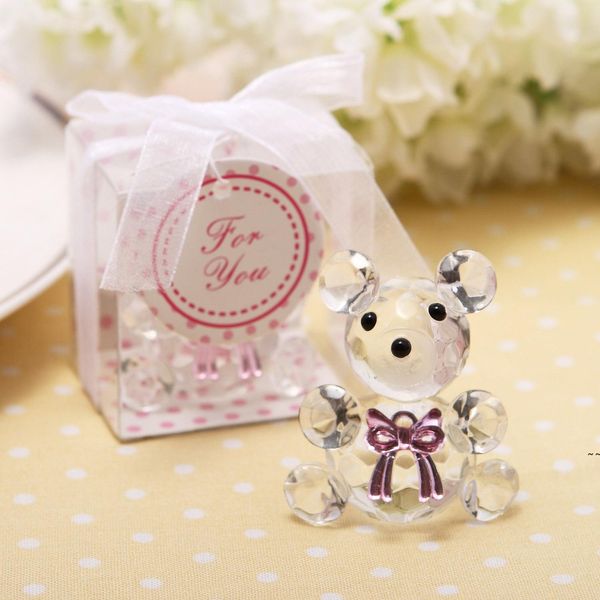Baby Shower favorise l'ornement d'ours en peluche en cristal avec un nœud papillon rose dans une boîte-cadeau pour un souvenir d'anniversaire de fille, des souvenirs de baptême du nouveau-né JNB16309