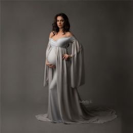 Baby Shower Lange jurken met Cape Mitting Maternity Maxi-jurk voor Po Shoot Zwangerschap Poardografie Jersey Stretchy Dress 210922