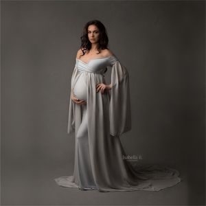 Baby Shower Lange jurken met Cape Mitting Maternity Maxi-jurk voor Po Shoot Zwangerschap Poardografie Jersey Stretchy Dress 210922