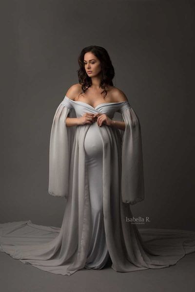 Baby Shower Robes Longues Avec Cape Fitting Maternité Maxi Robe Pour Séance Photo Grossesse Photographie Jersey Robe Extensible Q0713