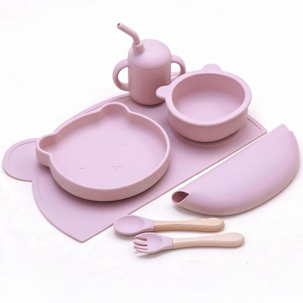 Bébé Silicone Vaisselle Ensemble Alimentation Solide Alimentaire Bavoir Dessin Animé Animal Aspiration Plats Plaques De Qualité Alimentaire Fourchette Cuillère Et Tasse De Paille 240315