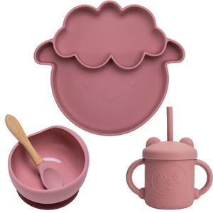 Baby Siliconen Voedingskom Set Siliconen Schapenplaat Sippy Cup met rietjes Food Grade BPA Gratis waterdicht servies voor kinderen 240416