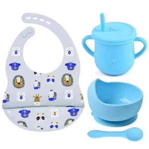 Bébé Silicone Vaisselle Ensemble Étanche Coeur Impression Bavoir De Qualité Alimentaire Tasse Non-Silp Ventouse Bol Enfant Alimentation Accessoires BAP Fre G1210