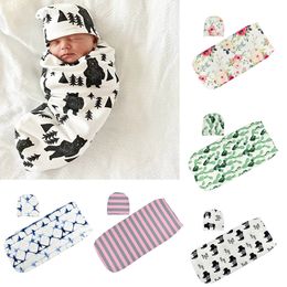 Baby Slaapzakken Hoeden Ins Toddler Swaddles Caps Pasgeboren Cartoon Dinosaurus Slaap Sacks Shark Flowers Gedrukt Katoen Swaddling Deken M094