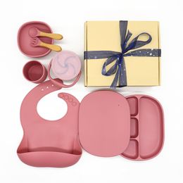 Baby Soft Silicone Diner Plaat Bib Lepel Vork Bowl Sets BPA Gratis niet-giftige niet-Sprakbare Kom Kits