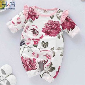 Baby Lente en Herfst Kleding Persoonlijkheid Meisje Leuke Lange mouwen Rose Print Romper 210611