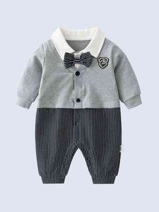 Baby gestreepte print boog voorkant jumpsuit zij