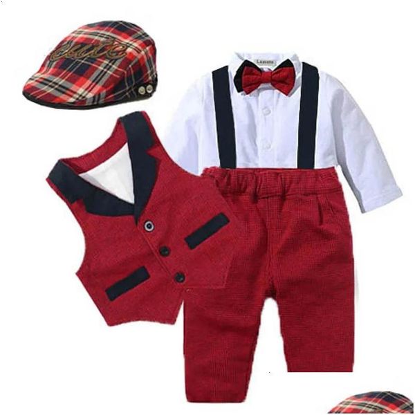 Costumes de bébé Born Boy Vêtements Romper Gilet Chapeau Vêtements Formels Outfit Party Bow Tie Enfants Enfant Robe d'anniversaire 0 24 M 240127 Drop D Dhr31