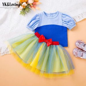 Baby Summer Children's Wear Splited Bubble Sleeve T-Shirt Mesh Modieuze prinsesjurk 2-delige set