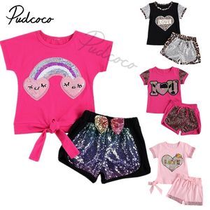 Baby Summer Clothing 2pcs Outfit Kids Set Set Paillins Rainbow Short Sleeve T -shirt Bow shorts Girls Rose Red 2 7 jaar 220705