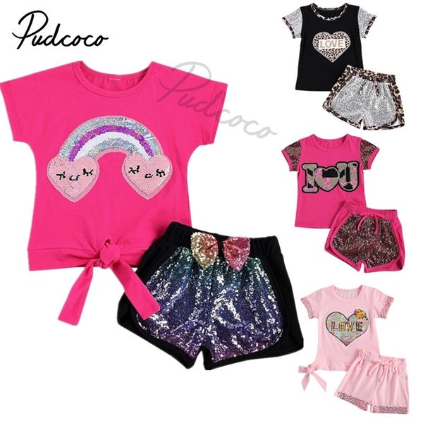 Baby Summer Clothing 2pcs tenue Kids costume se paillettes arc-en-ciel à manches courtes T-shirt Bow Short filles Rose rouge 2 7 ans 220705