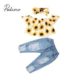 Baby Summer Clothing Fashion Kids Girl Off Shoulder Tops Sunflower Shirt gescheurde denim jeans 3 stks outfits set 6m 4T 220620
