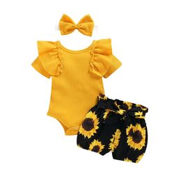 Baby Summer Clothing Girl Bloemkleding Kinderen Korte mouw Romper geboren jumpsuitgirls zonnebloem tutu shorts 3 stcs outfits set 240409