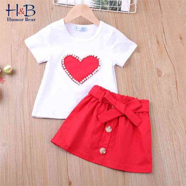 Bébé Vêtements d'été bébé Valentine Valentine Vêtements Perles Heart Heart Top Shirt Jupe 2pcs Ensemble Toddler Girl Outfit 210611