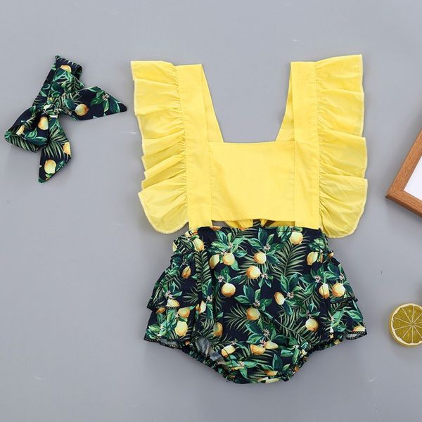 Bébé Vêtements D'été Infantile Nouveau-Né Bébé Filles Feuilles Fruits Bodys Robe Imprimer Combinaisons Sans Manches Sunsuit Bandeau12 210312