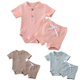 Vêtements d'été pour bébés Vêtements pour enfants Bébé garçon Body à manches courtes Fille Shorts Nouveau-né côtelé Solide 2pcs Tenues Ensemble G220509