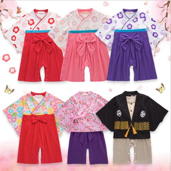 Conjuntos de ropa de verano para bebés, ropa de uniforme de manga larga para niñas, nudos de mariposa, Kimono estampado de escalada japonesa, pijamas para bebés y niñas LT615
