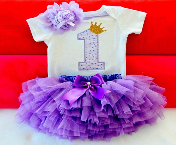 Baby Summer Girl Robe First 1st Birthday Cake Smash Tenues Vêtements 3pcs Ensembles Blanc Ramper Tutu Jupe Bande Bande Bandif Girls Part9817715