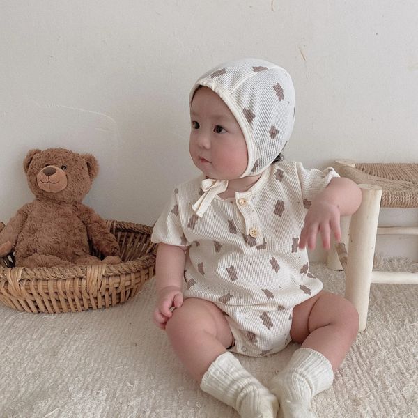 Bébé été à manches courtes body mignon ours imprimé garçon coton gaufre combinaison mode fille florale Onesie vêtements pour bébés 240116