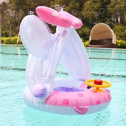 Baby Swimming Floatring met dak opblaasbaar dubbele vlot ringen speelgoed drijvende cartoon stuurwiel kinderen zwembadaccessoires 240328