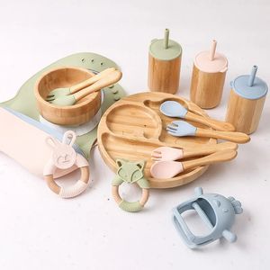 Babyservies Set Voederbakje Dinerbord Kopje Slabbetjes Lepel Vork Bamboe Houten Kindergerechten Sets BPA-vrij Antislip 240131