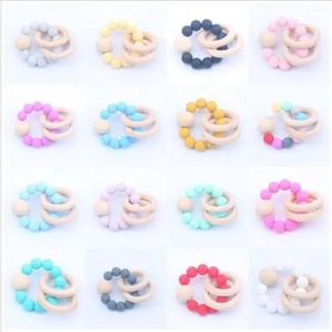 Bébé teether rings aliments de qualité hêtre en bois de dentition bague coiffure mâche jouets jeu mâter rond perle en bois nouveau-né silicone teether bj