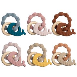 Bébé anneau de dentition Bracelet en Silicone de qualité alimentaire mignon Animal baleine pendentif anneau en bois hochet de dentition pour bébé accessoires jouets