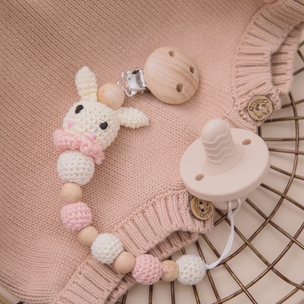 Baby Teethers Toys 1pc Bunny Chupete Cadena Clip Madera Crochet Conejo Dentición Mordedor Soother Holder Nacido Producto 230421