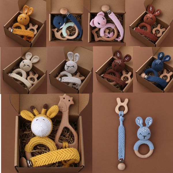 Baby Teethers Toys 1Set Crochet Bunny Baby Teether Sonajero Safe Beech Wooden Teether Ring Chupete Clip Chain Set nacido Mobile Gym Juguete educativo 230714