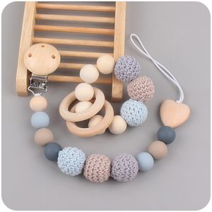 Bodemtandenspeeltjes 2 stks Pacifier Clips Elephant houten clip geometrische gehaakte kralen tas houten peelther voor houder dummy 230421