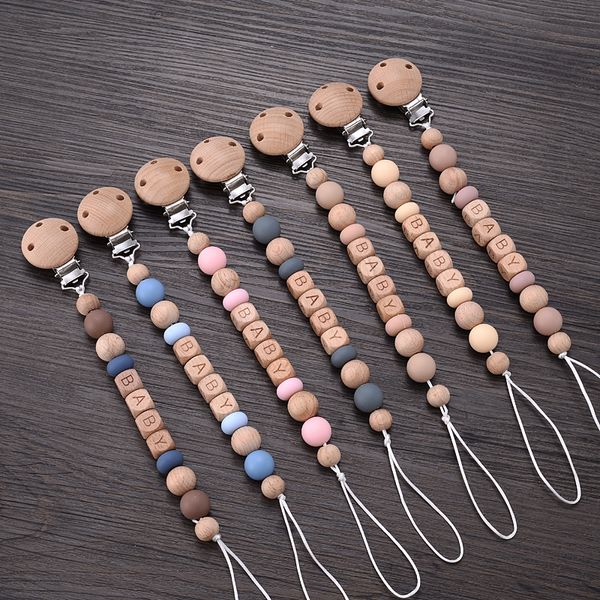 Mordedores para bebés Juguetes Nombre personalizado para bebés Clips para chupetes Cuentas de madera de haya de silicona Cadena de chupete anti-perdida para soporte de pezón ficticio Sin BPA 230606