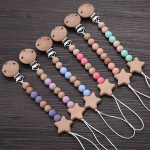 Jouets de dentition pour bébé Jouets en bois de hêtre Perle à mâcher Clips de sucette Chaîne Pentagram Porte-tétine Sucette Chaînes Mamelon pour jouet de dentition 230728