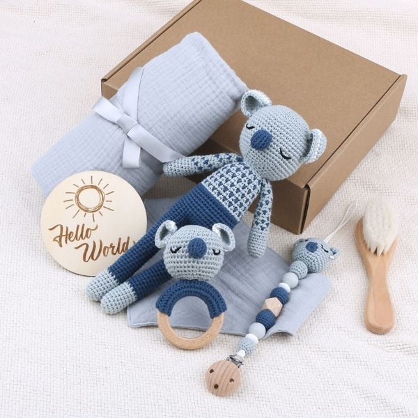 Bebé mordedores juguetes hechos a mano ganchillo animal bebé mordedor juguete de madera nacido mordedor Koala muñeco de peluche manta de muselina bebé nacimiento recuerdo caja de regalo 230617