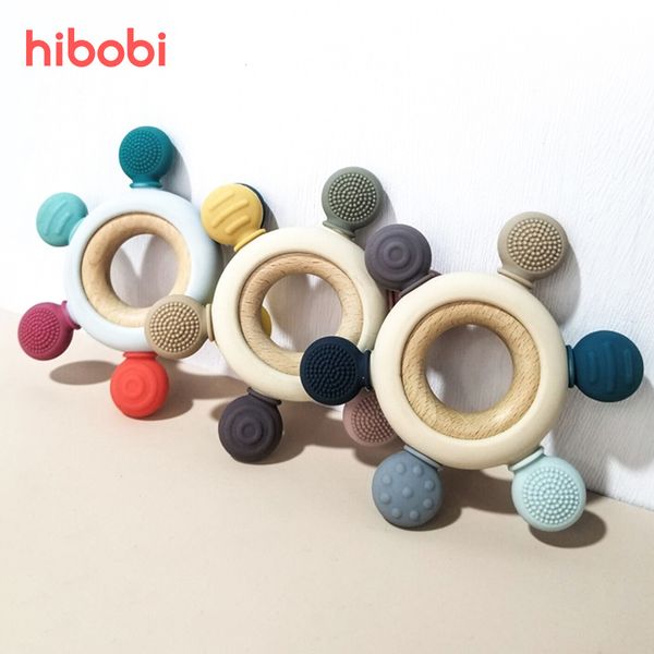 Baby Teethers Toys Hibobi 1 unid Forma de timón de silicona Anillo de madera de grado alimenticio BPA Regalo de enfermería libre Juguete para niños 221119