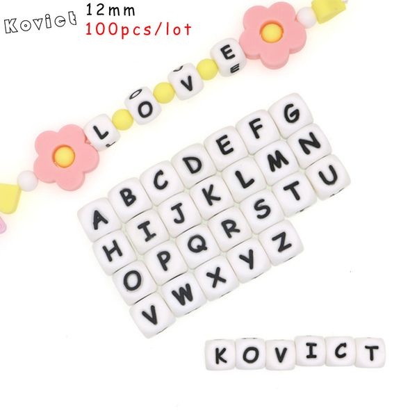 Bebé mordedores juguetes Kovict 12 mm 100 unids letras de silicona cuentas alfabeto inglés bebé mordedor para nombre personalizado DIY chupete cadena clip juguetes 230322