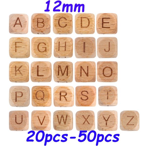 Jouets de dentition pour bébé Kovict 12MM Perles de l'alphabet en bois de hêtre 2050Pcs Lettre anglaise carrée DIY Nom personnalisé Sucette Chaîne Accessoires Jouet 230329